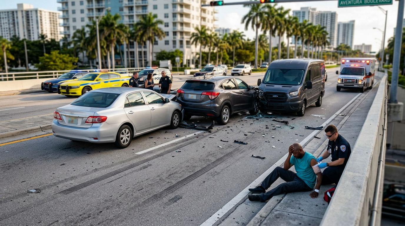Chain Reaction Crash Near Aventura Leaves Pedestrian Injured and Seeking PIP Coverage Benefits