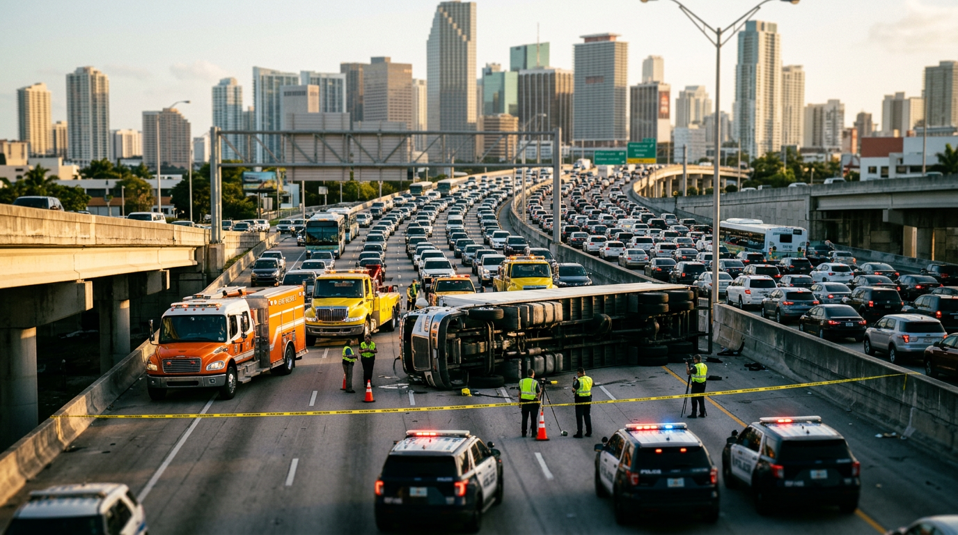 Downtown Miami Interstate Gridlock Following Multi-Vehicle Commercial Truck Rollover and Evidence Preservation Concerns