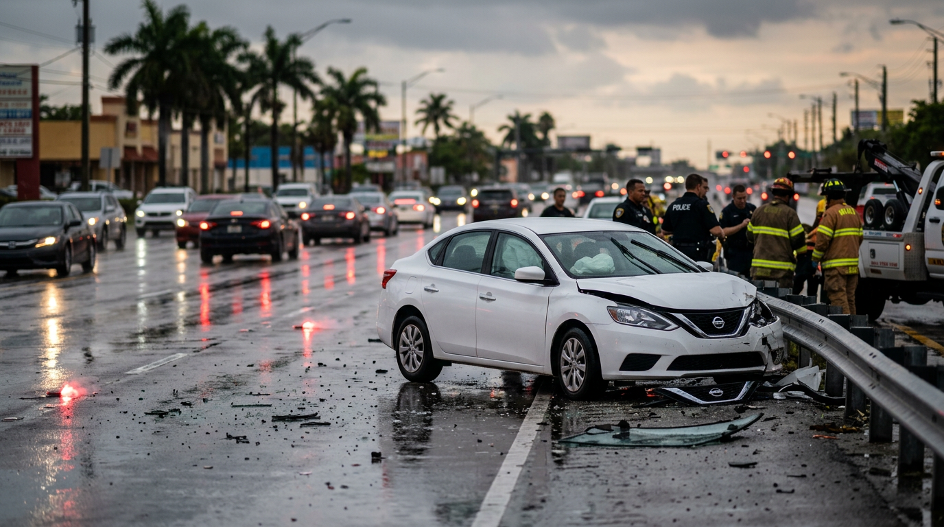 Fuerte accidente por hidroplaneo en la US-1 en Hialeah pone a prueba las leyes de culpabilidad compartida en Florida
