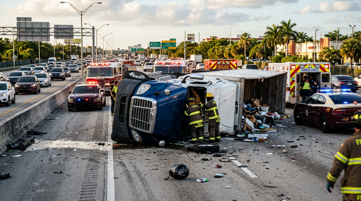 Grave volcadura de camión en el Turnpike de Kendall plantea dudas legales críticas sobre el uso del casco y la compensación por daños