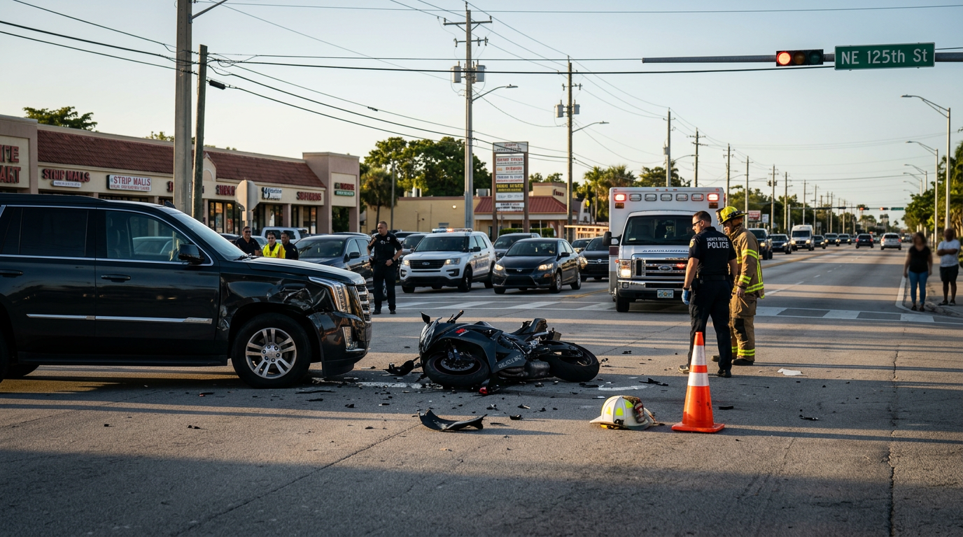 Choque grave en North Miami por giro a la izquierda resalta lo complejo de la responsabilidad civil y las leyes de casco en la Florida