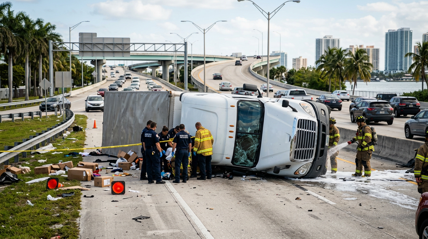 Aparatoso volcamiento en el Turnpike de Miami Beach resalta la urgencia del plazo de los 14 días para víctimas de camiones