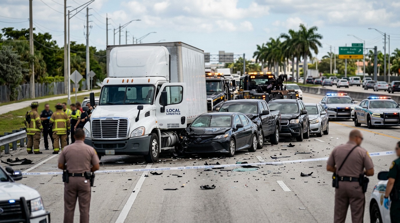 Choque múltiple en Doral involucra a camión de carga local y levanta serias dudas sobre seguridad federal