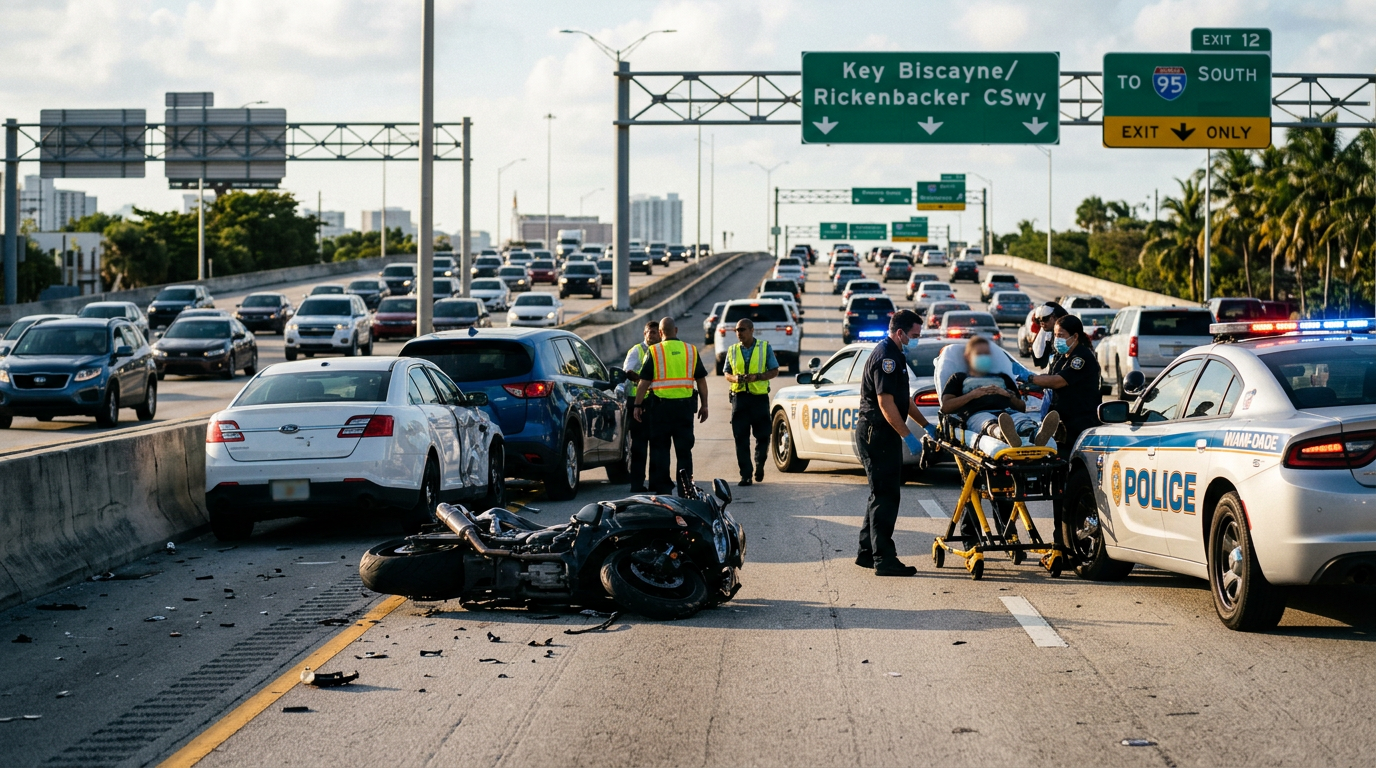 Grave choque al entrar al Palmetto cerca de Key Biscayne resalta los riesgos legales de no usar casco en Florida
